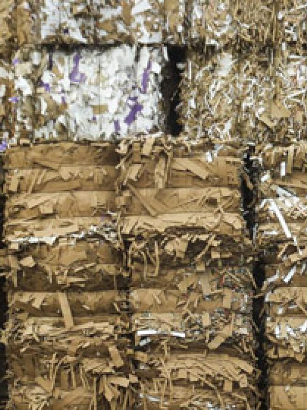 Bundles of shredded paper and cardboard